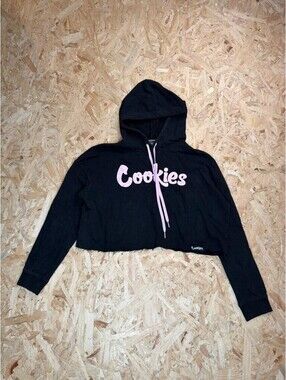 Cookies SF Womens Crop Hoodie Small Black Pink Logo Raw Hem Hooded Sweatshirt